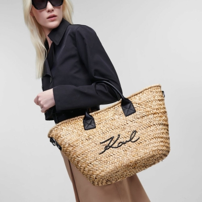 Beige / Black Women's Karl Lagerfeld K/Signature Basket Tote Bags | TH650TJMY