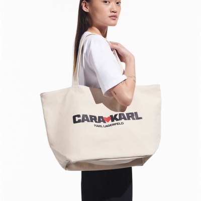 Beige Women's Karl Lagerfeld Cara Loves Karl Canvas Shopper Tote Bags | TH615ARSF