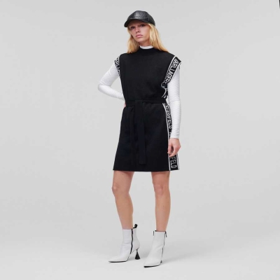 Black / White Women's Karl Lagerfeld Sleeveless Logo Tape Knit Dresses | TH103BXTU