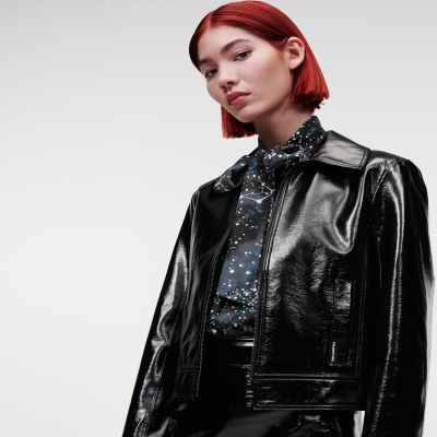 Black Women's Karl Lagerfeld Faux Patent Leather Bomber Jackets | TH059FYSI