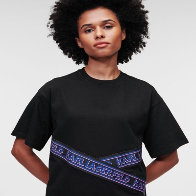 Black Women's Karl Lagerfeld Karl Logo Tape T-Shirts | TH461JXSY