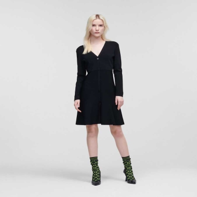 Black Women's Karl Lagerfeld Long-sleeved Button-front Knit Dresses | TH015IVMX