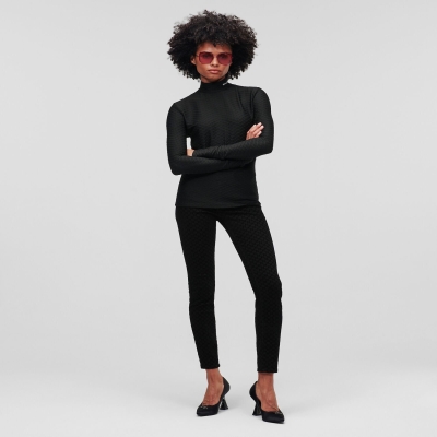 Black Women's Karl Lagerfeld Long-sleeved Textured Mock Neck Sweater T-Shirts | TH365LSWD