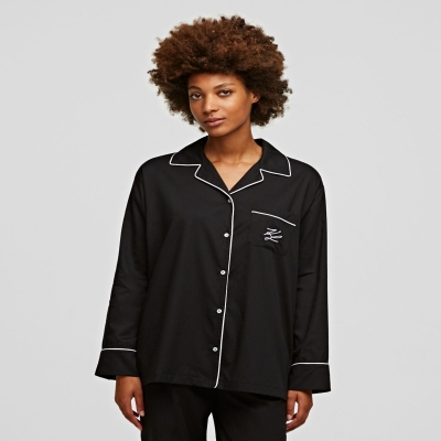 Black Women's Karl Lagerfeld Long-sleeved Piping-trimmed Pajama Shirt Sleepwear | TH934XJFO