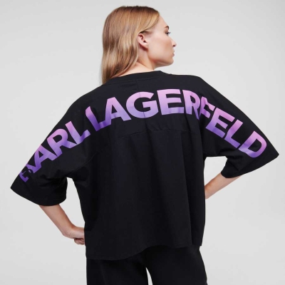 Black Women's Karl Lagerfeld Ombré Karl Logo Cropped T-Shirts | TH758VNJB