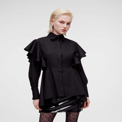 Black Women's Karl Lagerfeld Ruffle Detail Poplin Blouses | TH079MCUN