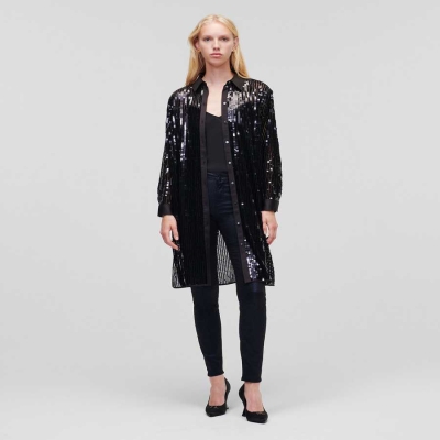 Black Women's Karl Lagerfeld Sequinned Longline Blouses | TH986XREW