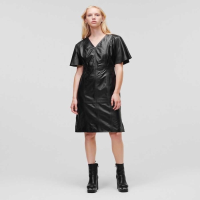 Black Women's Karl Lagerfeld V-neck Leather Midi Dresses | TH594EQDV