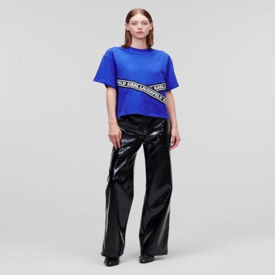 Blue Women's Karl Lagerfeld Karl Logo Tape T-Shirts | TH481BWIM