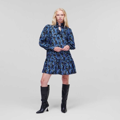 Blue Women's Karl Lagerfeld Orchid Print Silk Dresses | TH426UAKD