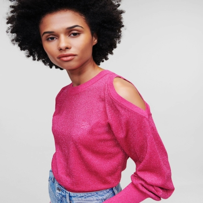 Fuchsia Women's Karl Lagerfeld Cold-shoulder Lurex Knitwear | TH107FBPH