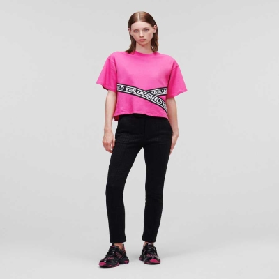 Fuchsia Women's Karl Lagerfeld Karl Logo Tape T-Shirts | TH269AGED