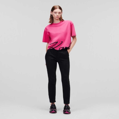 Fuchsia Women's Karl Lagerfeld Karl Signature Hem T-Shirts | TH605NEHK