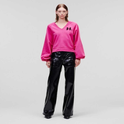 Fuchsia Women's Karl Lagerfeld Puff-sleeve V-neck Sweatshirts | TH420ZMLB