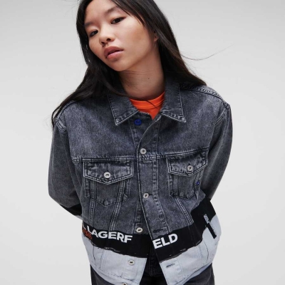 Grey Women's Karl Lagerfeld Klj Paint Logo Denim Bomber Jackets | TH495BVKW