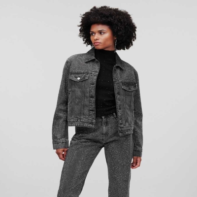 Grey Women's Karl Lagerfeld Rhinestone-embellished Denim Jackets | TH238EUJS