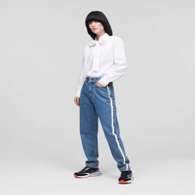 Light Blue Women's Karl Lagerfeld Relaxed-fit With Reflective Logo Tape Jeans | TH164XBLV