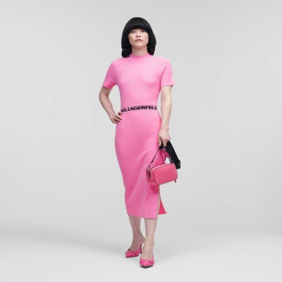 Pink Women's Karl Lagerfeld Short-sleeved Karl Logo Knit Dresses | TH819RXSH