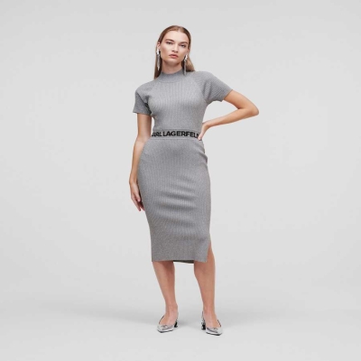 Silver Women's Karl Lagerfeld Lurex Short-sleeved Karl Logo Knit Dresses | TH972PJQL