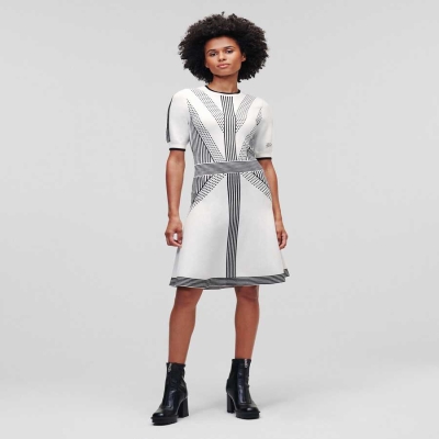 White / Black Women's Karl Lagerfeld Geometric Knit Dresses | TH078RIFH