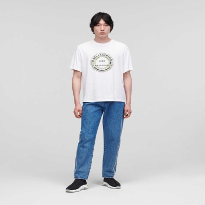 White Men's Karl Lagerfeld Rue St-guillaume Circle Logo T-Shirts | TH427QAER