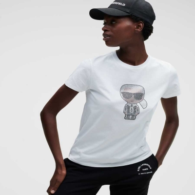 White Women's Karl Lagerfeld K/Ikonik Rhinestone T-Shirts | TH467TLFU