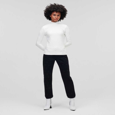 White Women's Karl Lagerfeld Long-sleeved Textured Mock Neck Sweater T-Shirts | TH837SGQN