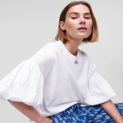 White Women's Karl Lagerfeld Puff-sleeve T-Shirts | TH706KQPM