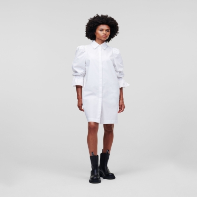 White Women's Karl Lagerfeld Puff-sleeve Poplin Dresses | TH796CRIW