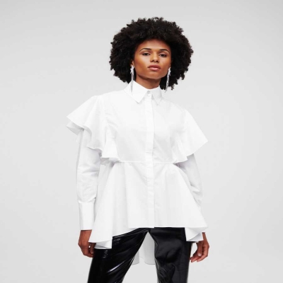 White Women's Karl Lagerfeld Ruffle Detail Poplin Blouses | TH430QKHP