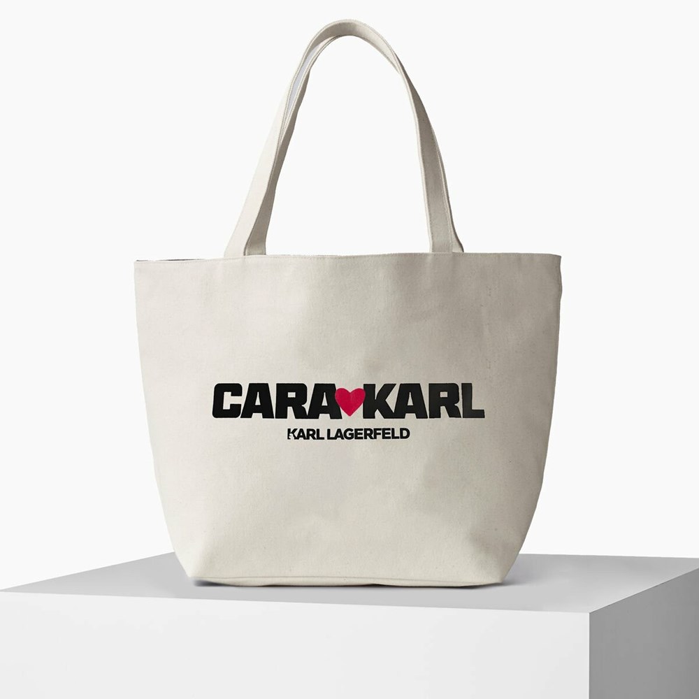 Beige Women's Karl Lagerfeld Cara Loves Karl Canvas Shopper Tote Bags | TH615ARSF