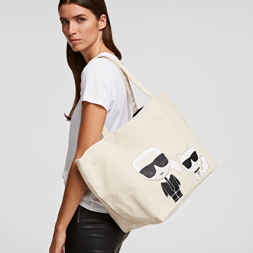 Beige Women's Karl Lagerfeld Ikonik Karl & Choupette Tote Bags | TH146YXKU