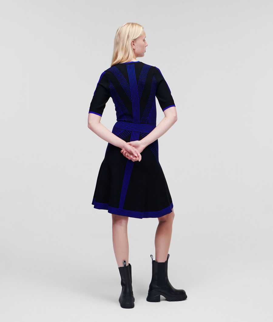 Black / Blue Women's Karl Lagerfeld Geometric Knit Dresses | TH670MUON