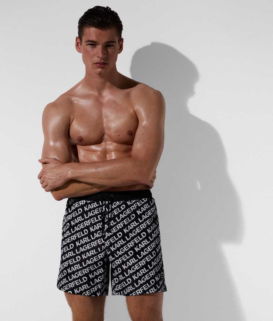 Black Men's Karl Lagerfeld Diagonal Karl Logo Board Shorts Beachwear | TH942DNYB