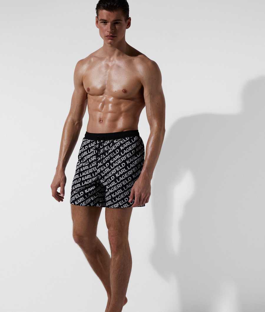 Black Men's Karl Lagerfeld Diagonal Karl Logo Board Shorts Beachwear | TH942DNYB