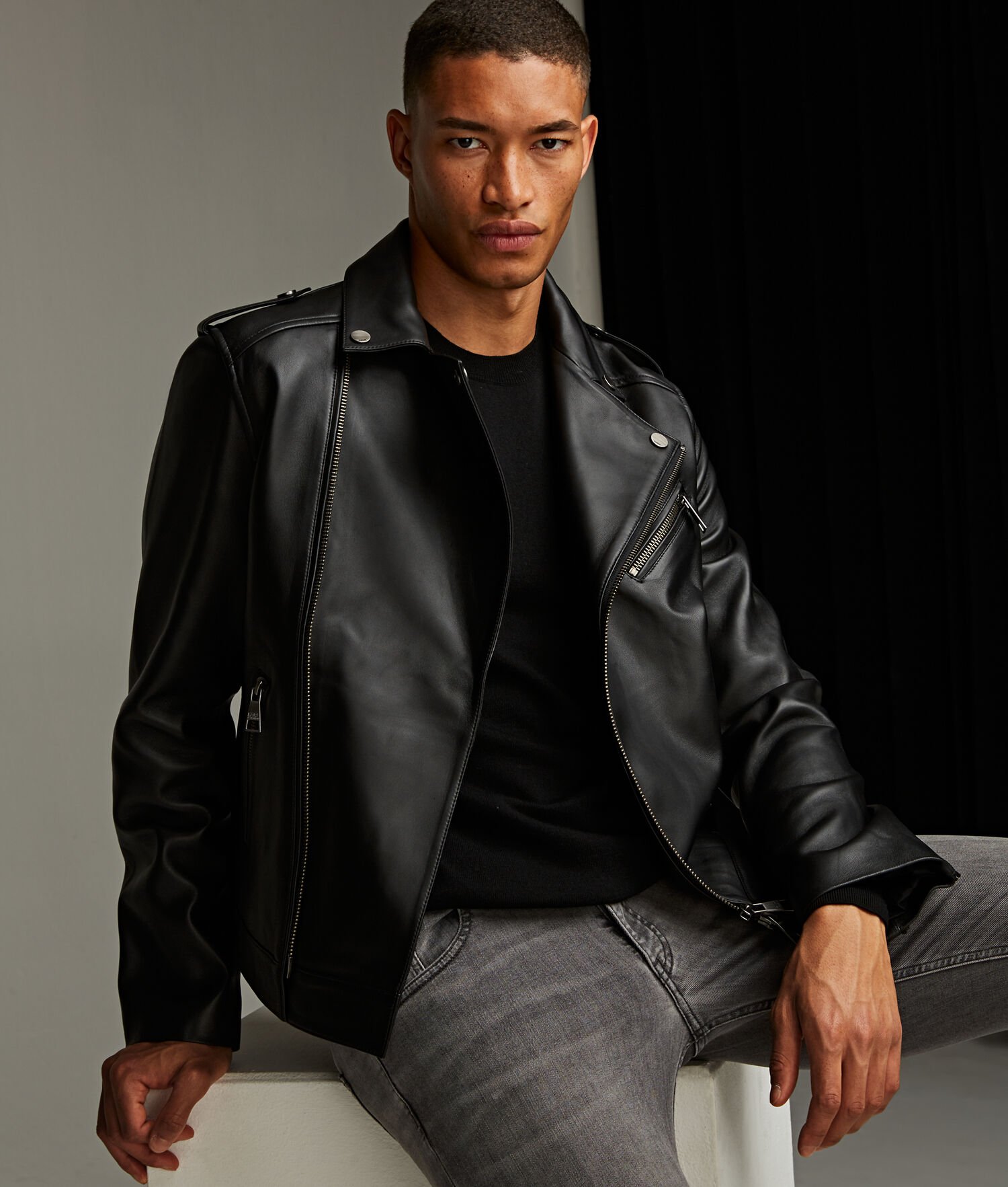 Black Men\'s Karl Lagerfeld Leather Biker Jacket | TH468OWSG