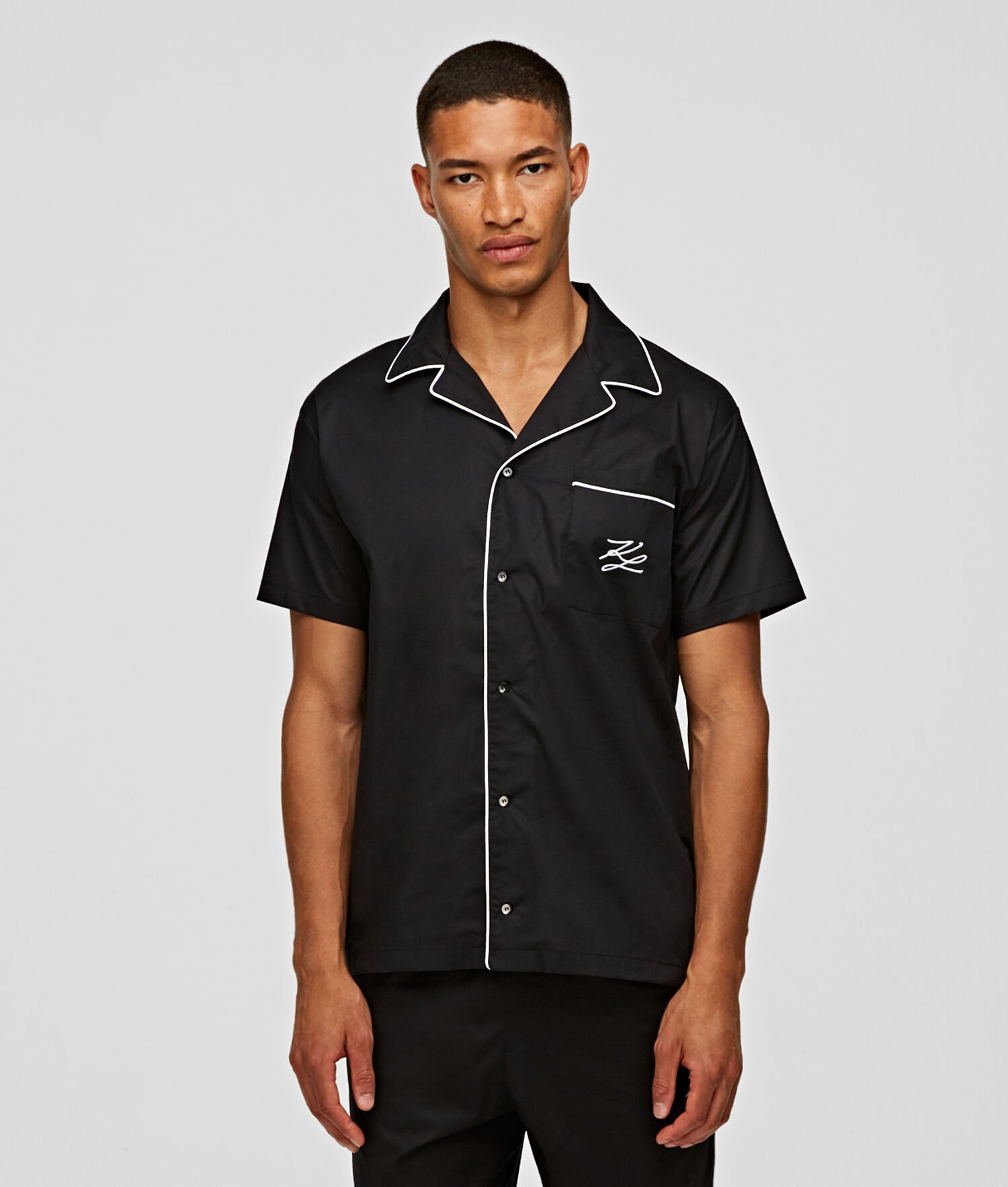 Black Men's Karl Lagerfeld Short-sleeve Piped Pajama Shirt Sleepwear | TH267ARWP