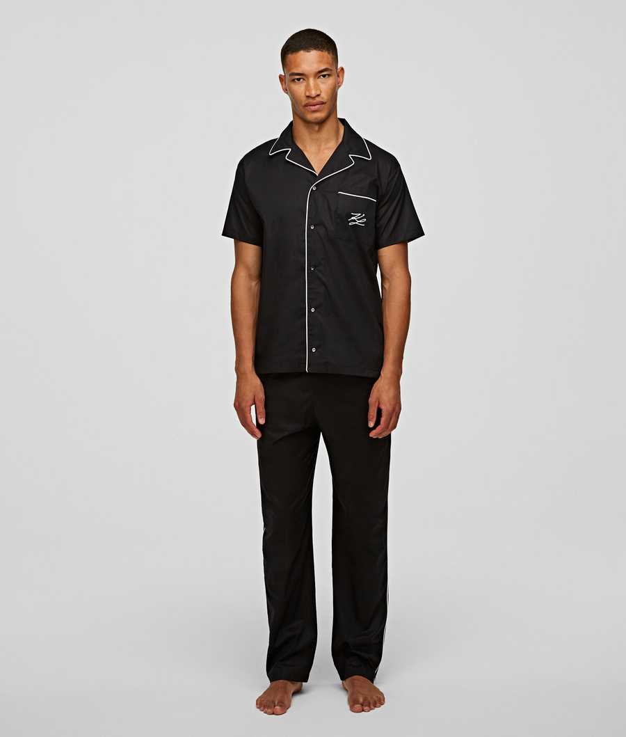 Black Men's Karl Lagerfeld Short-sleeve Piped Pajama Shirt Sleepwear | TH267ARWP