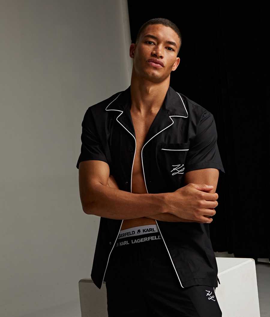 Black Men\'s Karl Lagerfeld Short-sleeve Piped Pajama Shirt Sleepwear | TH267ARWP