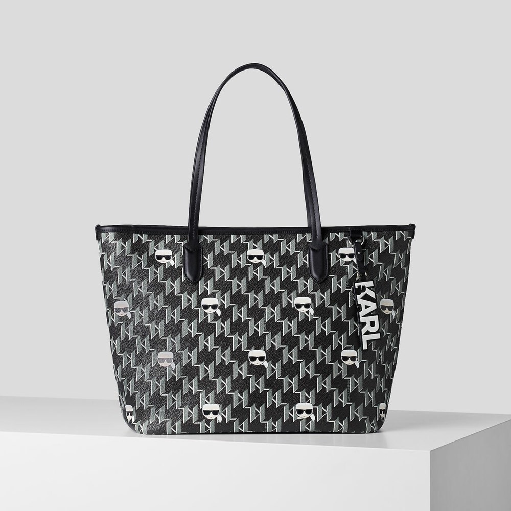 Black / Multicolor Women\'s Karl Lagerfeld K/Ikonik Monogram All-over-print Tote Bags | TH461YQCI