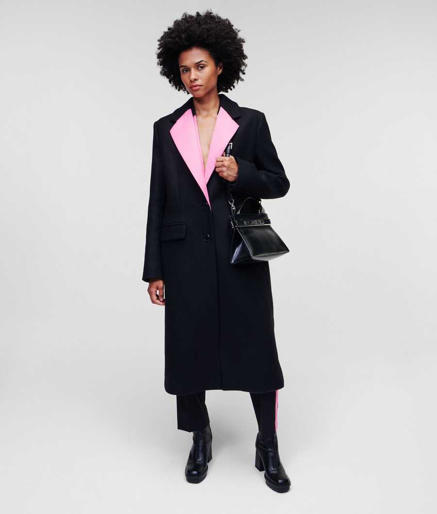 Black / Pink Women's Karl Lagerfeld Colour-pop Lapel Tailored Coats | TH971SIKQ