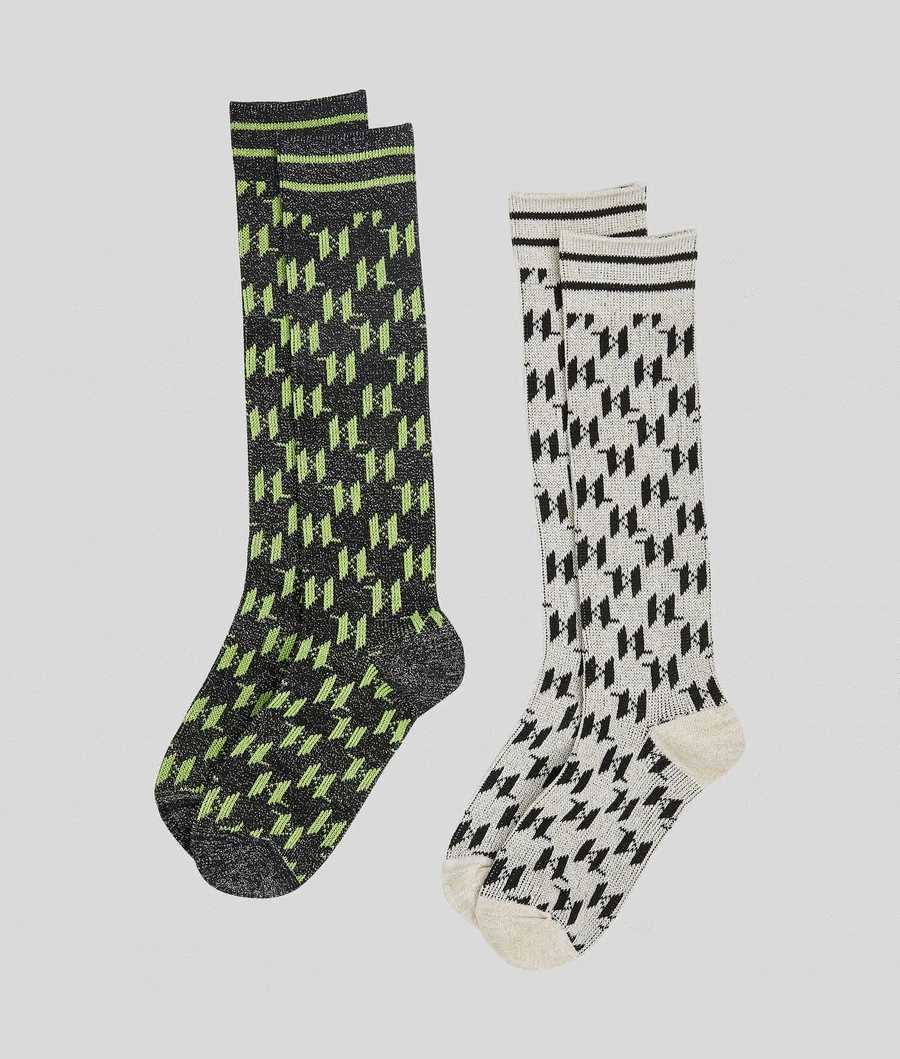 Black / White Women's Karl Lagerfeld Kl Monogram Perforated Socks - 2 Pack Underwear | TH621EUQO