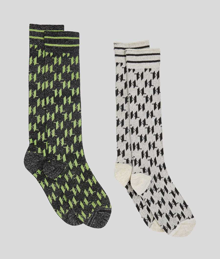 Black / White Women's Karl Lagerfeld Kl Monogram Perforated Socks - 2 Pack Underwear | TH621EUQO