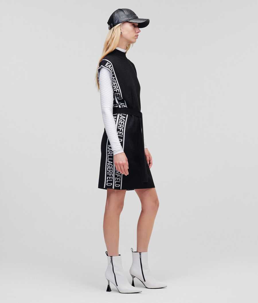 Black / White Women's Karl Lagerfeld Sleeveless Logo Tape Knit Dresses | TH103BXTU