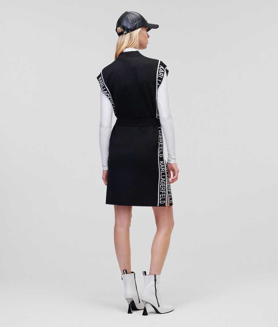 Black / White Women's Karl Lagerfeld Sleeveless Logo Tape Knit Dresses | TH103BXTU