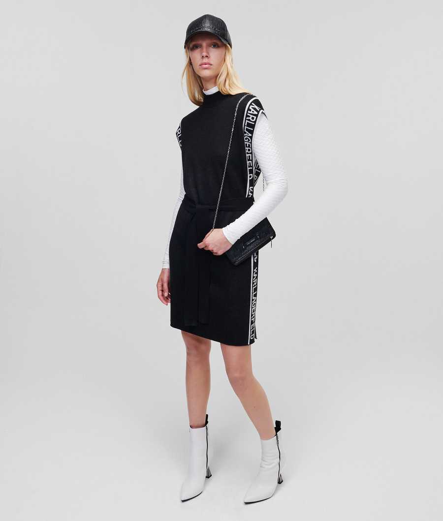 Black / White Women's Karl Lagerfeld Sleeveless Logo Tape Knit Dresses | TH103BXTU