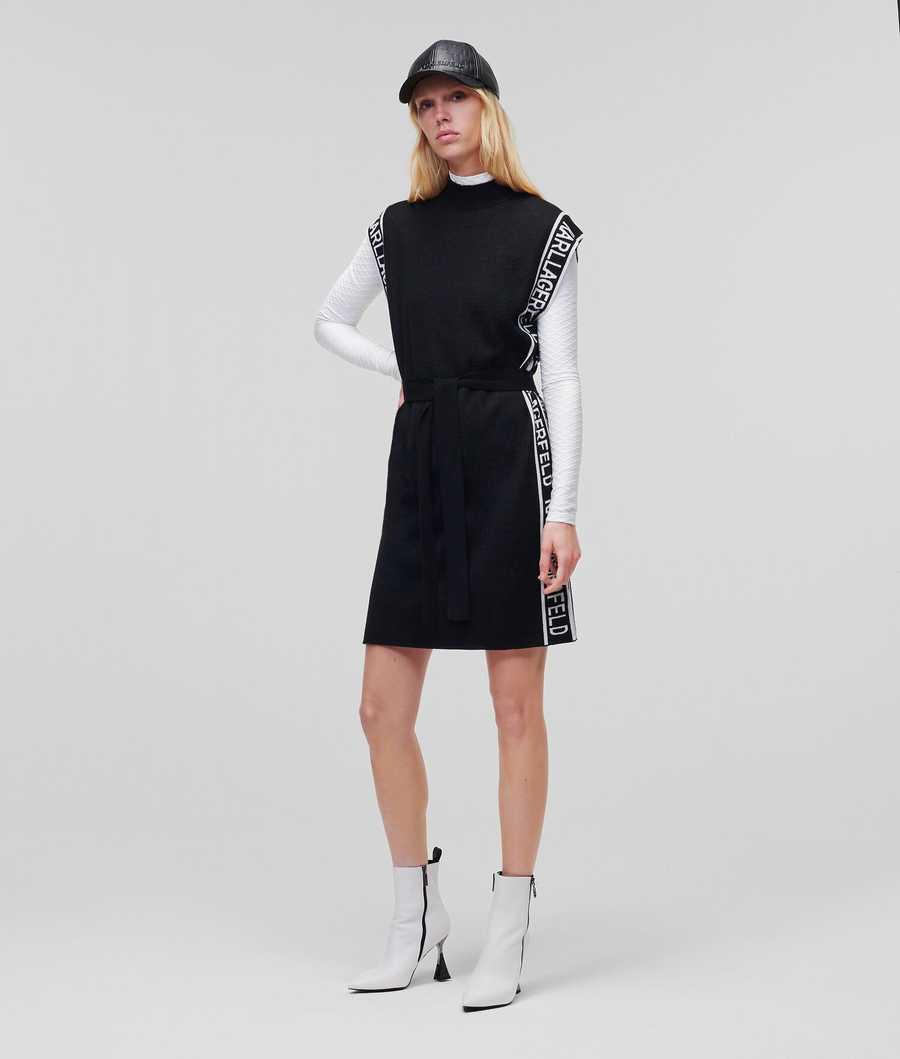 Black / White Women\'s Karl Lagerfeld Sleeveless Logo Tape Knit Dresses | TH103BXTU