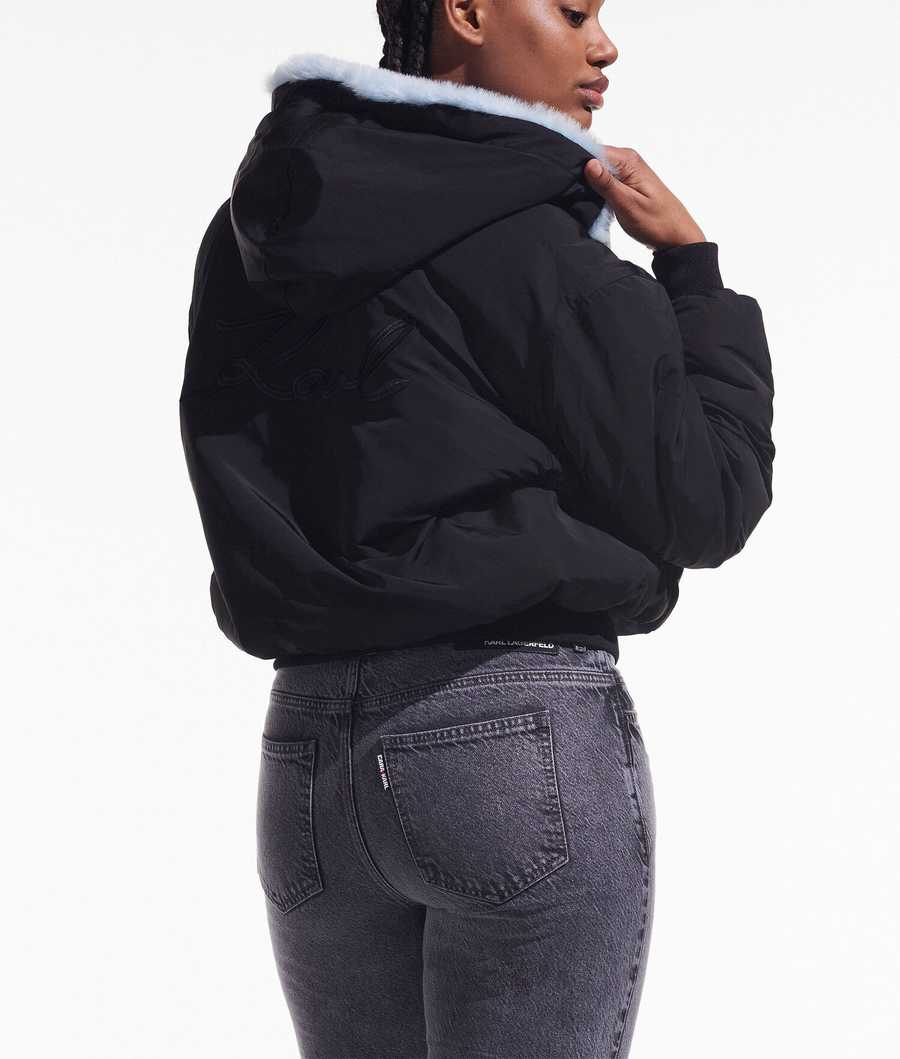 Black Women's Karl Lagerfeld Cara Loves Karl Reversible Faux-fur Bomber Jackets | TH425MBTY