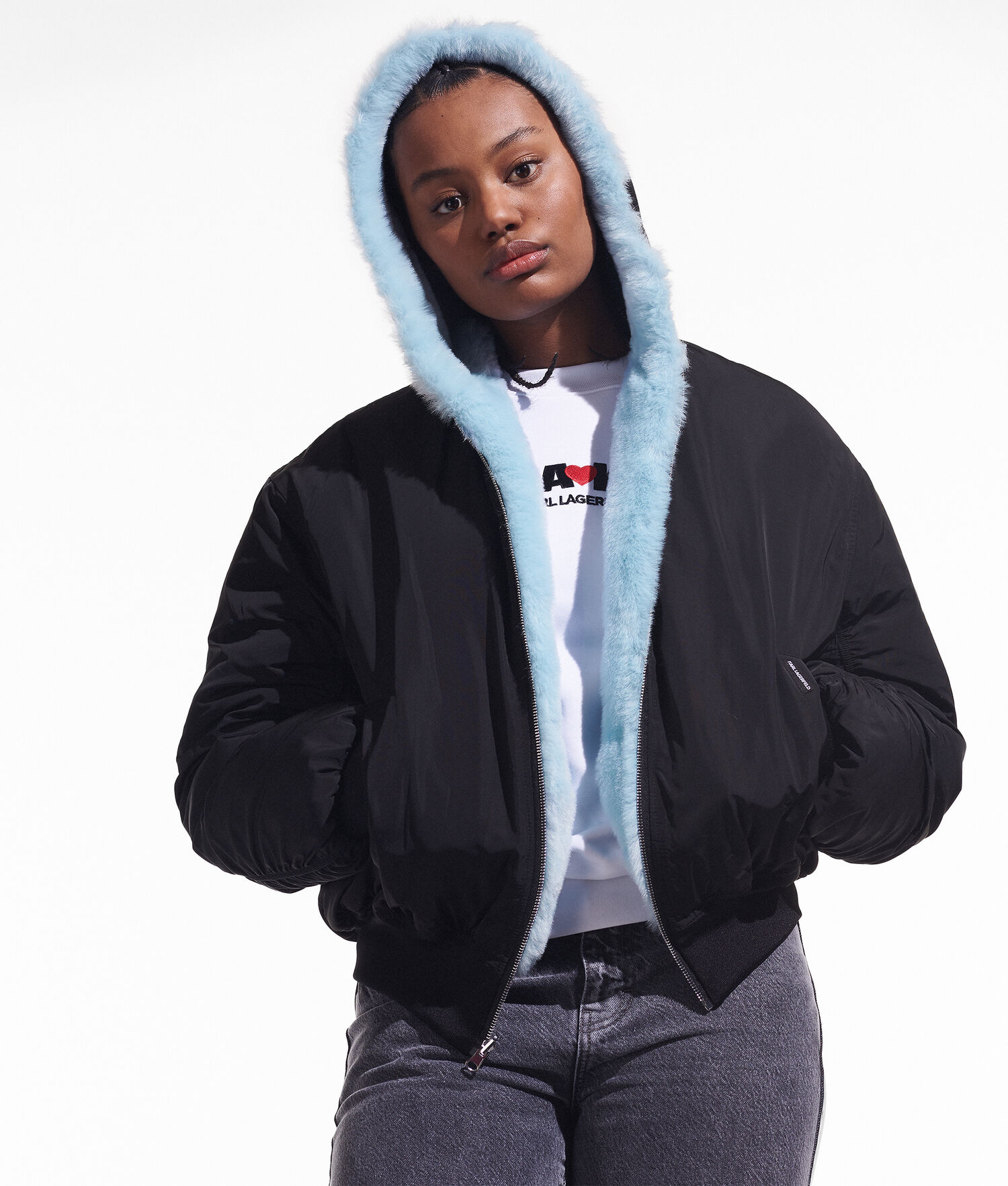 Black Women\'s Karl Lagerfeld Cara Loves Karl Reversible Faux-fur Bomber Jackets | TH425MBTY