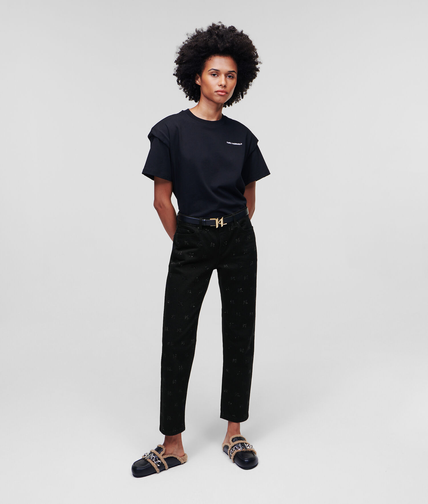 Black Women's Karl Lagerfeld Embellished Kl Monogram Straight-leg Jeans | TH615FNDM